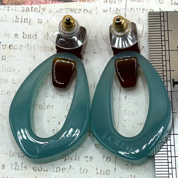 J. Crew Signed Designer Bold Resin Lucite Aqua Blue Amber Drop Hoop Earrings - Picture 5 of 14